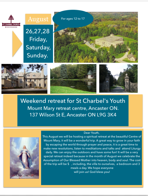 Youth Retreat August 26 to August 28